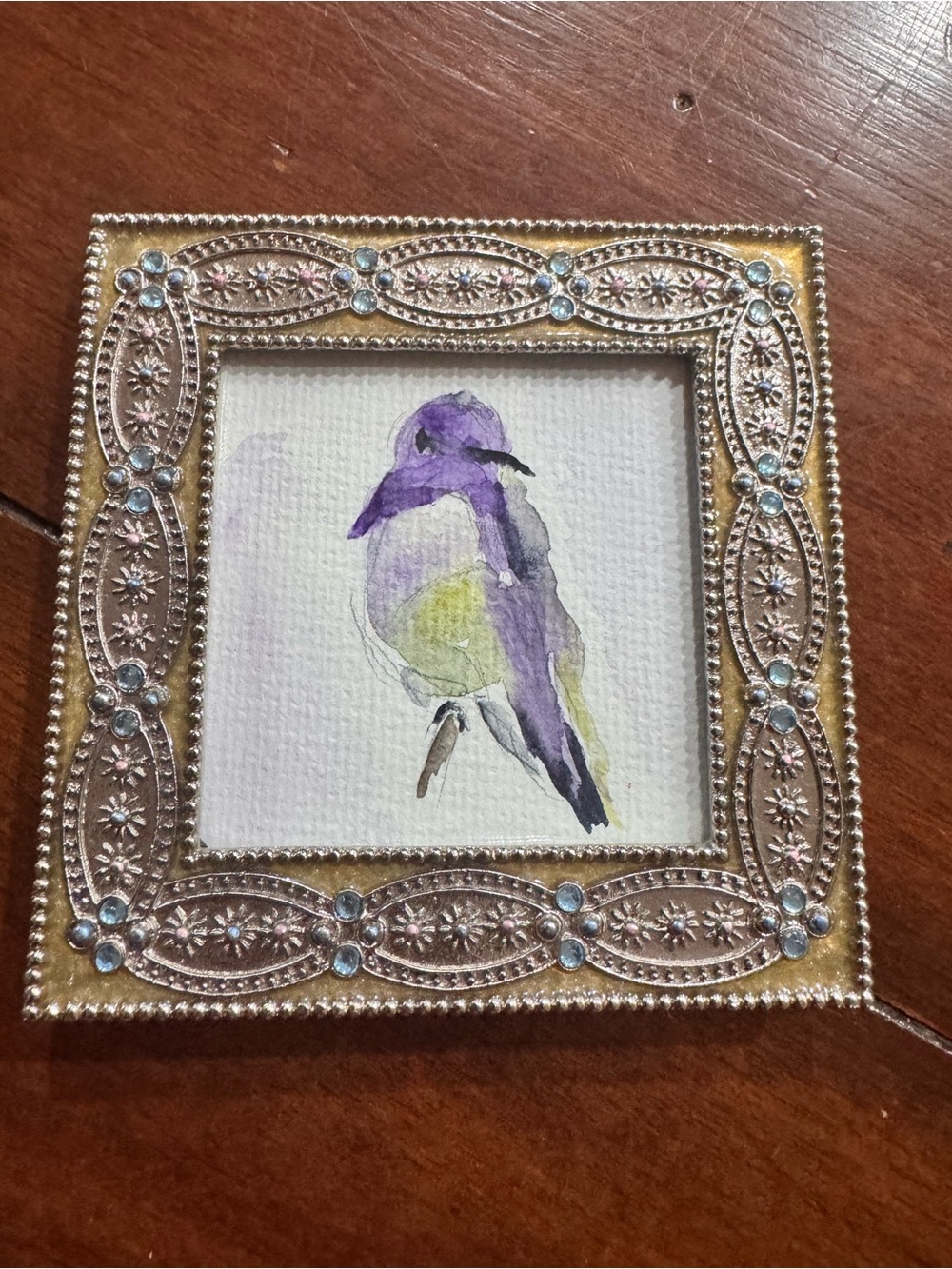 Small Framed Original Watercolor Bird Painting Purple Green 4x4 Ornate Frame